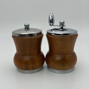 Vintage MCM George Thompson Wood Metal Salt & Pepper Mill Grinder Set